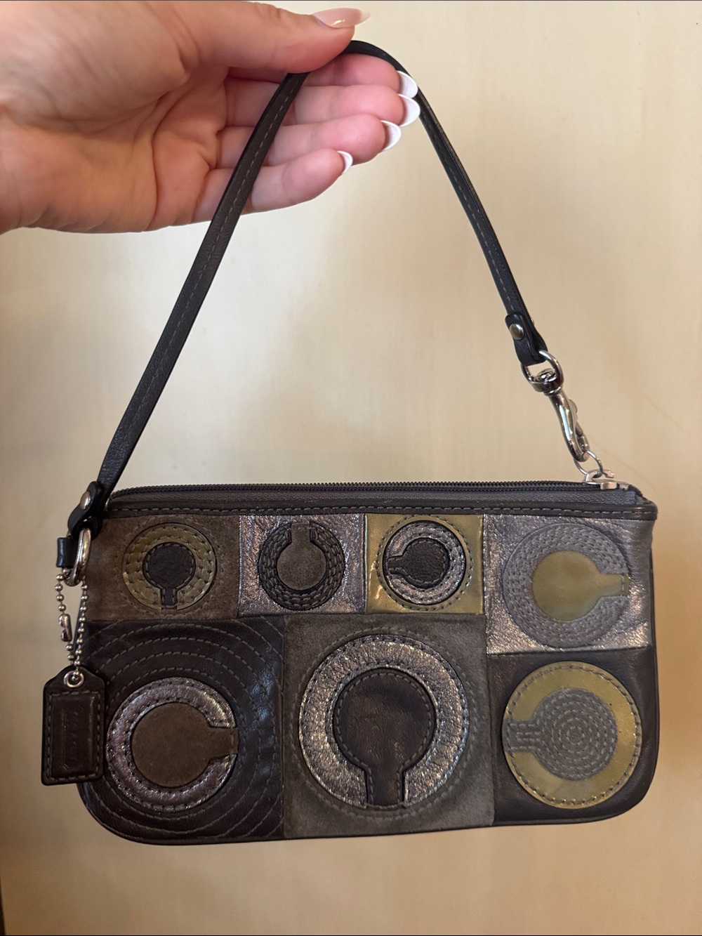 Leather Wristlet Bag in Brown and Olive